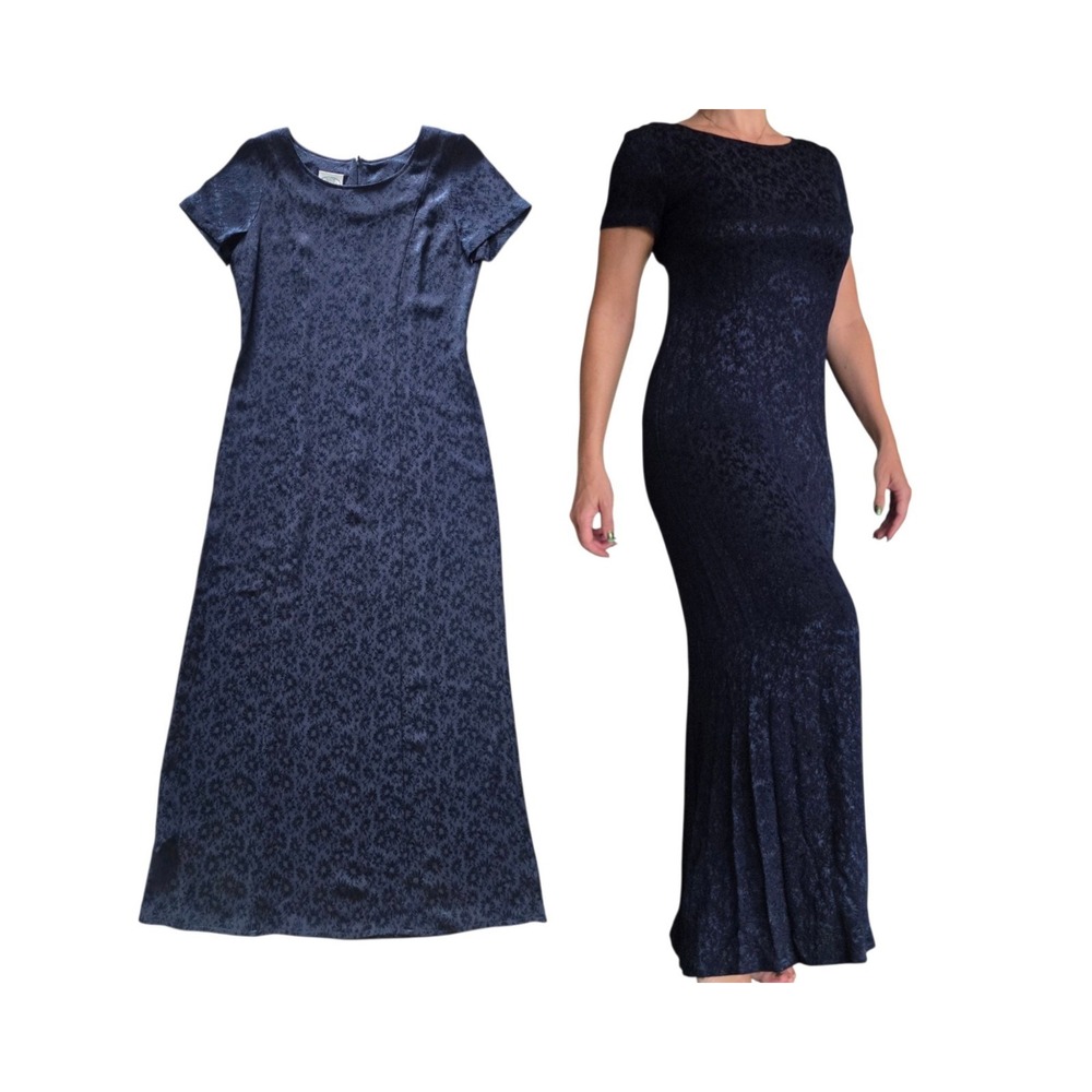 Vintage Laura Ashley Maxi Dress 4 Navy Floral Jacquard Acetate Made U.K. 90s Y2K